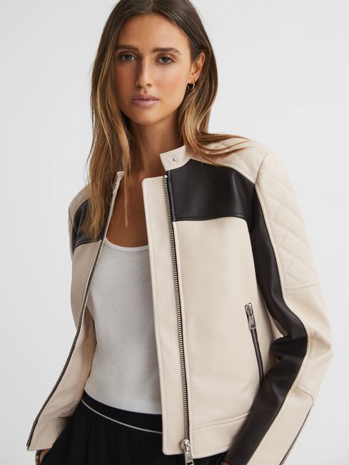 Reiss Black/Neutral Adelaide Leather Collarless Quilted Jacket
