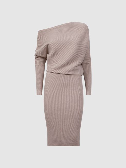 Off The Shoulder Ribbed Midi Dress in Neutral
