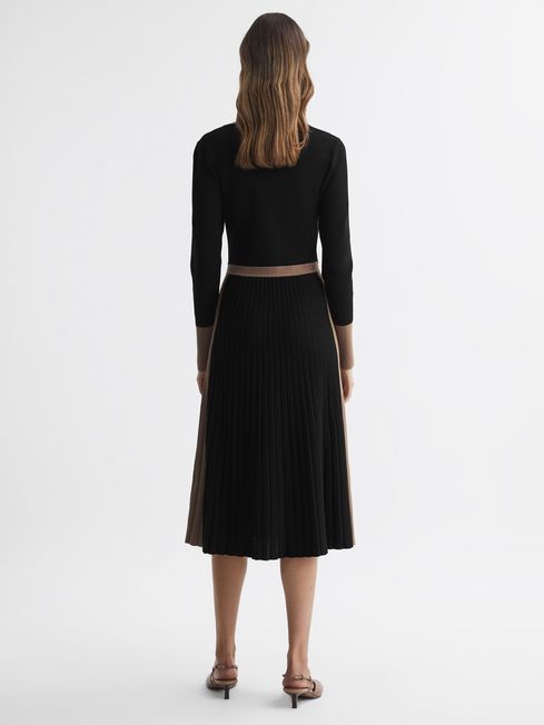 Reiss Black/Camel Mia Knitted Colourblock Pleated Midi Dress