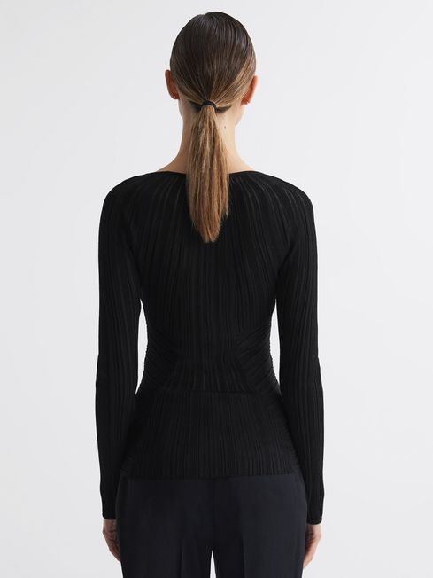 Reiss Black Lenni Sheer Knitted Long Sleeve Top