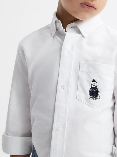 Reiss White Matis Senior Slim Fit Button-Down Collar Motif Shirt