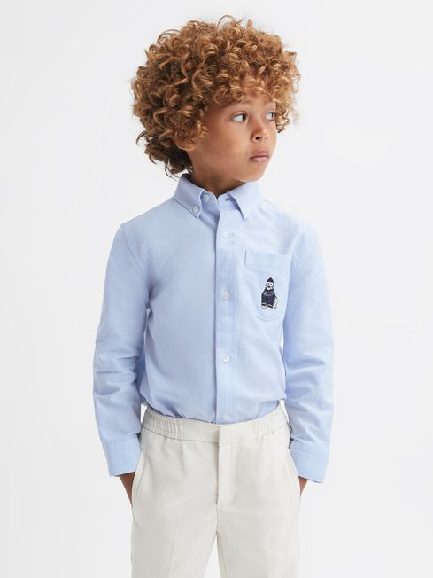 Reiss Soft Blue Matis Junior Slim Fit Button-Down Collar Motif Shirt
