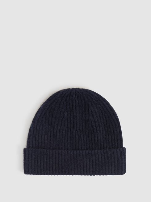 Reiss Navy Guernsey Cashmere Ribbed Beanie Hat