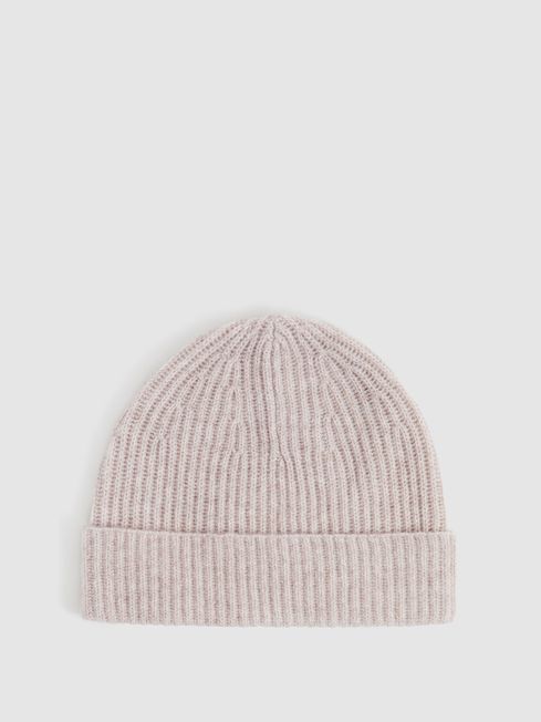 Reiss Oatmeal Melange Guernsey Cashmere Ribbed Beanie Hat