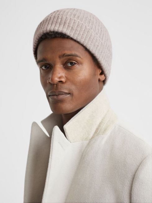 Reiss Oatmeal Melange Guernsey Cashmere Ribbed Beanie Hat