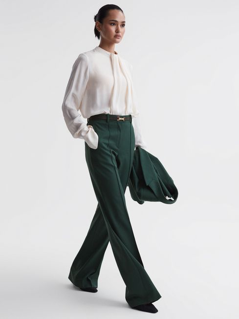 Reiss Bottle Green Jade Wide Wide Leg Wool Blend Mid Rise Suit Trousers