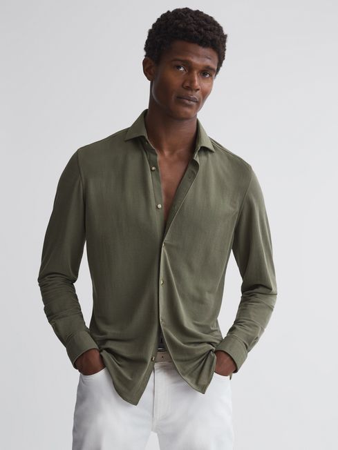 Reiss Khaki Bobby Slim Fit Cutaway Collar Modal Shirt