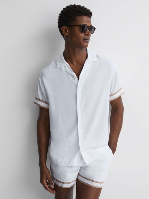 Reiss White/Beige Valbonne Reiss | Ché Contrast Cuff Cuban Collar Shirt