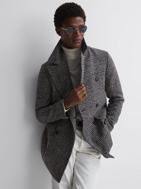 Wool Double Breasted Check Coat in Black/Brown