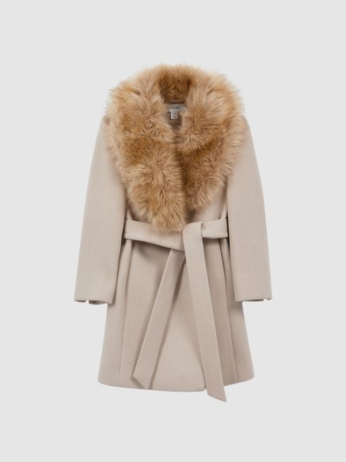 Senior Faux Fur Collar Wool Coat in Oatmeal