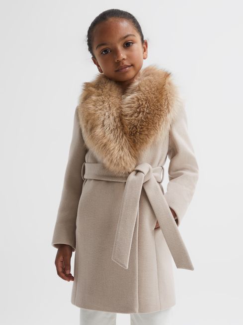 Reiss Oatmeal Brooks Junior Faux Fur Collar Wool Coat