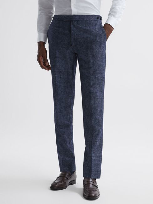 Reiss Indigo Barrett Slim Fit Wool-Linen Check Trousers