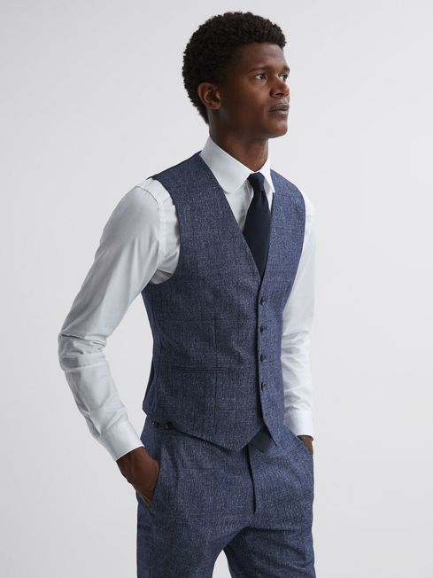 Reiss Indigo Barrett Slim Fit Wool-Linen Check Waistcoat