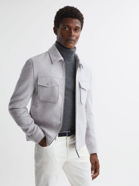 Reiss Soft Grey Peridoe Wool Zip Through Jacket