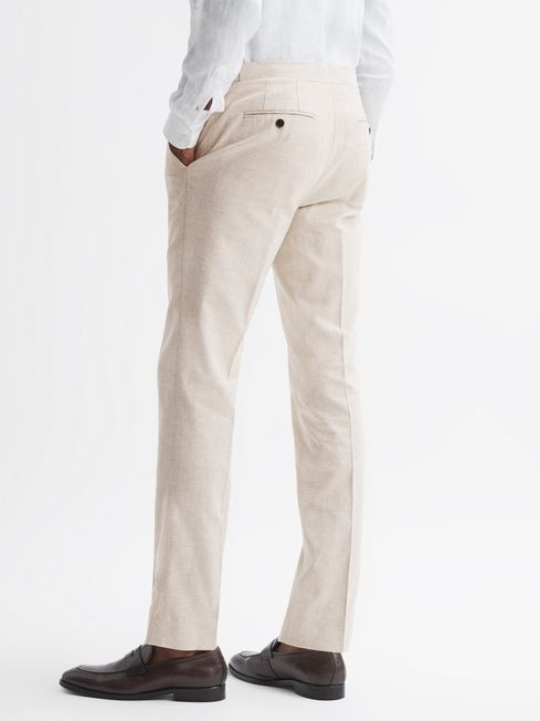 Reiss Oatmeal Craft Slim Fit Cotton-Linen Check Adjustable Trousers