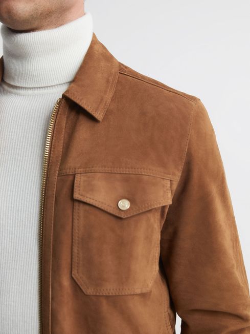 Suede Zip Through Trucker Jacket in Tobacco REISS USA