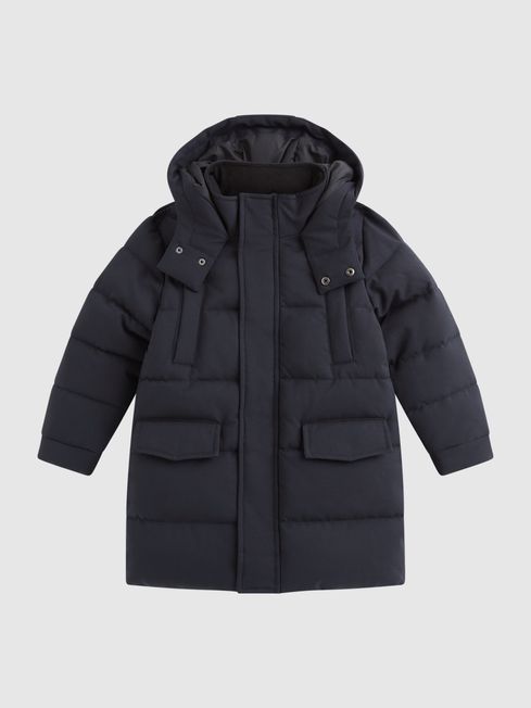 Senior Quilted Hooded Coat With Linen in Navy REISS USA