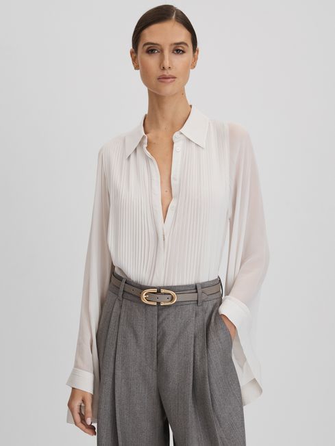 Reiss Pale Blue Magda Pleated Flared Sleeve Blouse