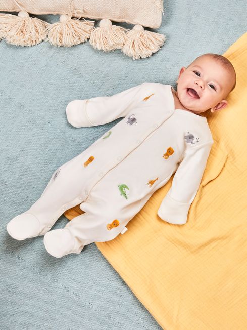 JoJo Maman Bébé Safari Embroidered Cotton Baby Sleepsuit