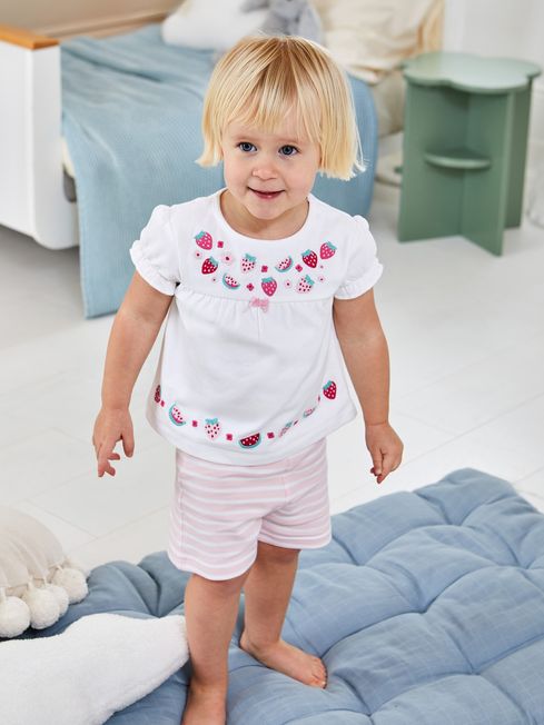 JoJo Maman Bébé White Strawberry Embroidered Jersey Pyjamas
