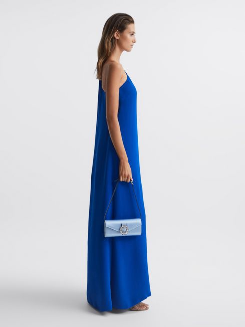 Reiss Powder Blue Delphine Diamant Buckle Satin Clutch