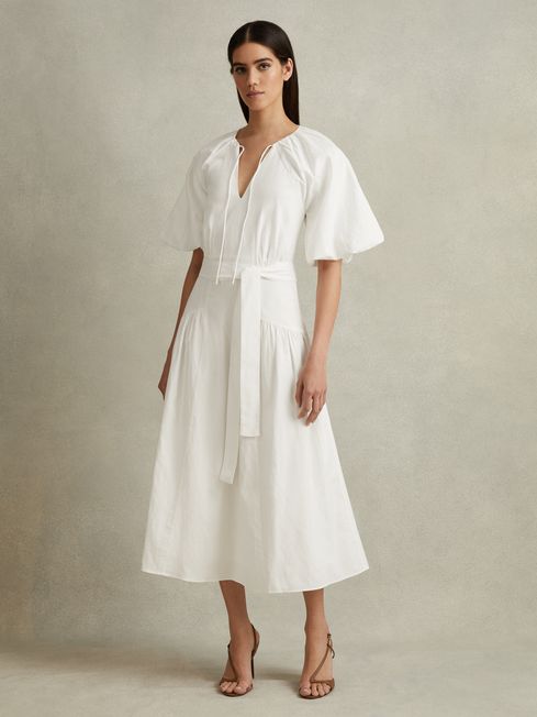 Reiss White Alice Petite Lyocell Blend Puff Sleeve Midi Dress