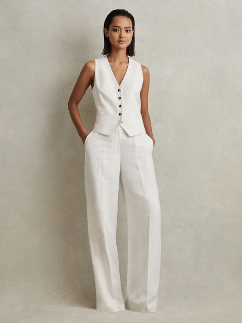 Reiss White Lori Viscose-Linen Wide Leg Suit Trousers