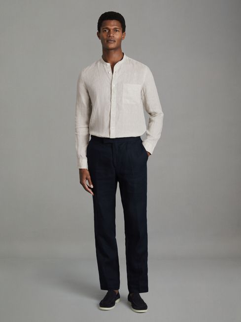 Reiss Stone Ocean Linen Grandad Collar Shirt