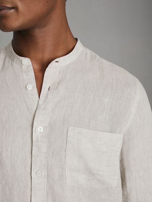 Reiss Stone Ocean Linen Grandad Collar Shirt