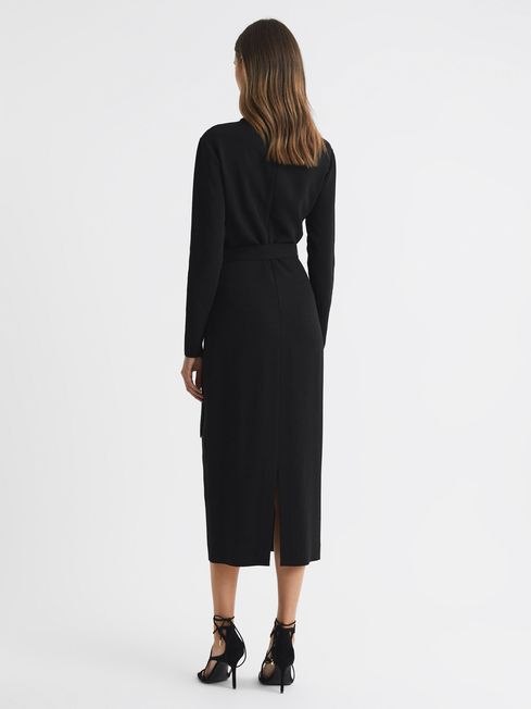 Reiss Black/White Millie Contrast Stripe Belted Midi Dress