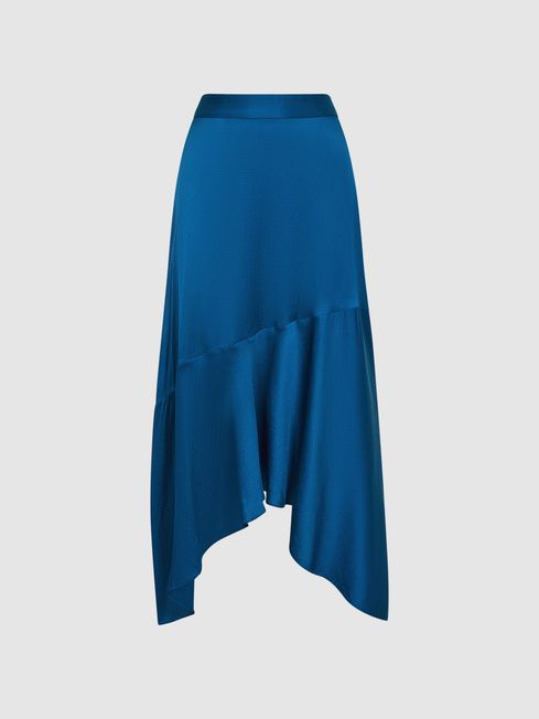 Hammered Satin Midi Skirt in Dark Blue