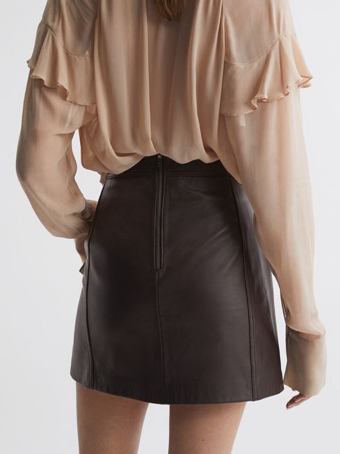 Reiss Chocolate Edie Leather High Rise Mini Skirt