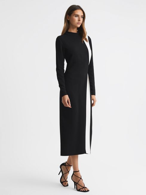 Reiss Black/White Millie Petite Contrast Stripe Belted Midi Dress