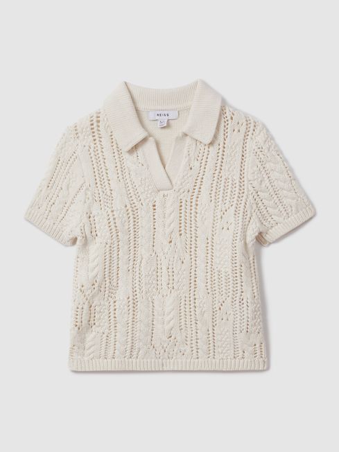 Reiss Ecru Eula Teen Crochet Open Collar Polo Shirt