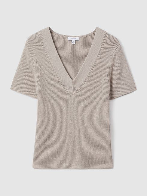 Cotton Blend Knitted V Neck Top in Neutral