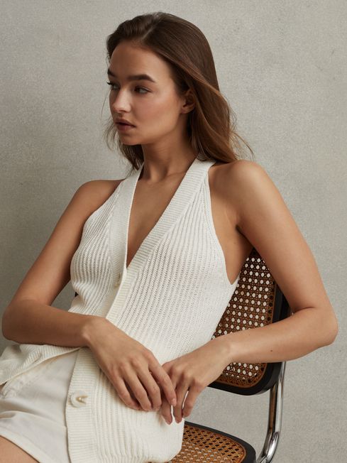 Reiss Ivory Sinead Knitted Halter Neck Top