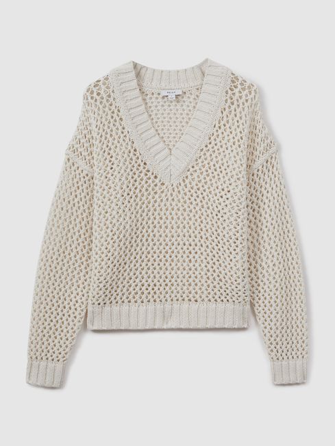 Reiss Ivory Larissa Linen Cotton Open Stitch Jumper