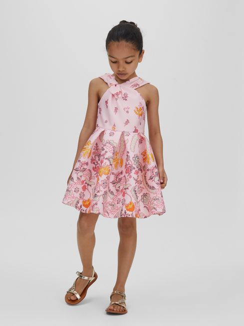 Reiss Pink Alice Junior Scuba Bow Fit-and-Flare Dress