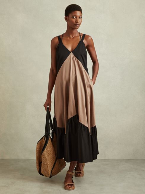 Reiss Brown/Black Natalie Cotton Colourblock Flounced Midi Dress