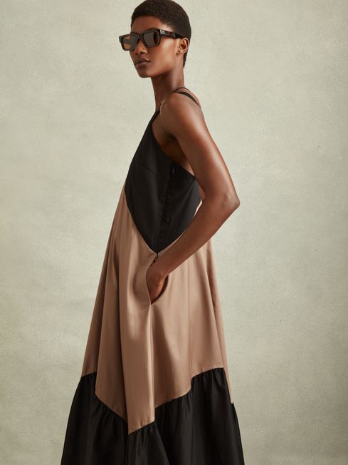 Reiss Brown/Black Natalie Cotton Colourblock Flounced Midi Dress
