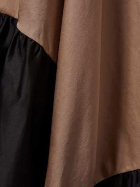 Reiss Brown/Black Natalie Cotton Colourblock Flounced Midi Dress
