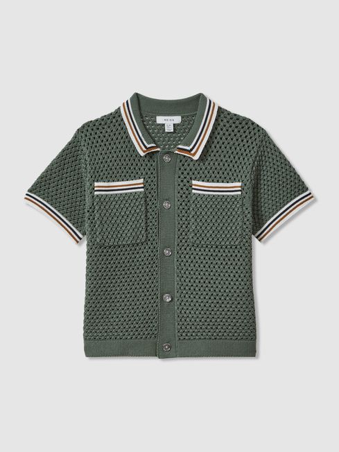 Reiss Dark Sage Green Coulson Teen Crochet Contrast Trim Shirt