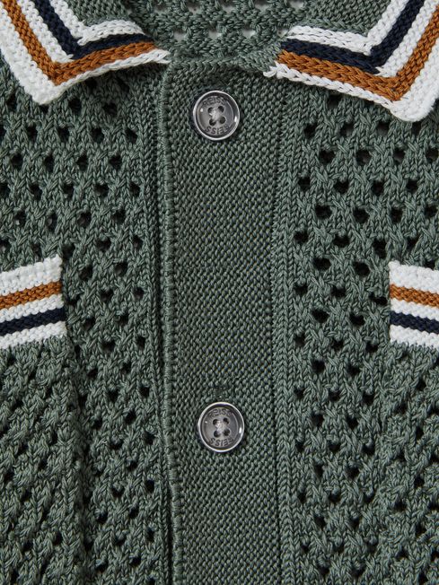 Reiss Dark Sage Green Coulson Teen Crochet Contrast Trim Shirt