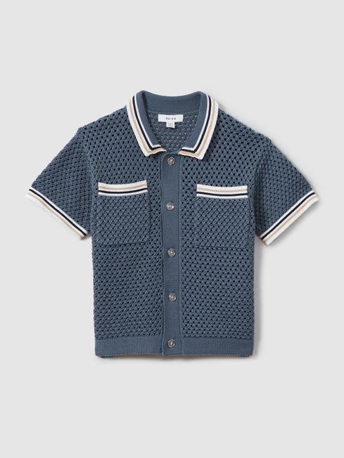 Reiss Airforce Blue Coulson Crochet Contrast Trim Shirt