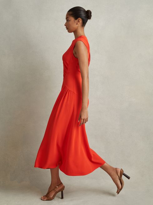 Ruched Midi Dress in Orange REISS USA