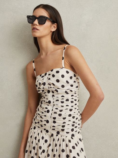 Reiss White/Black Rue Viscose Linen Polka Dot Ruched Maxi Dress