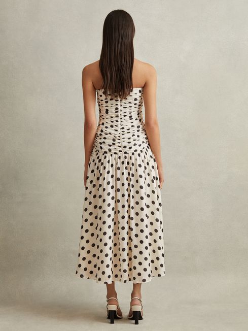 Reiss White/Black Rue Viscose Linen Polka Dot Ruched Maxi Dress