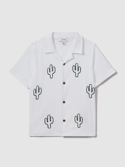 Reiss White Aurora Cotton Cactus Cuban Collar Shirt