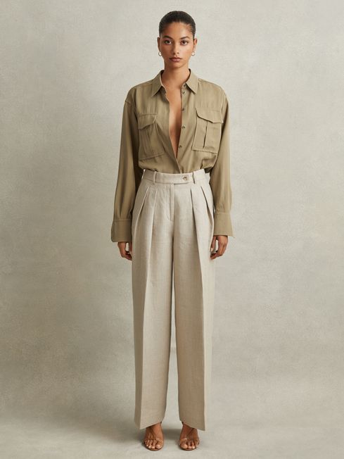 Reiss Khaki Isador Lyocell Button-Through Shirt