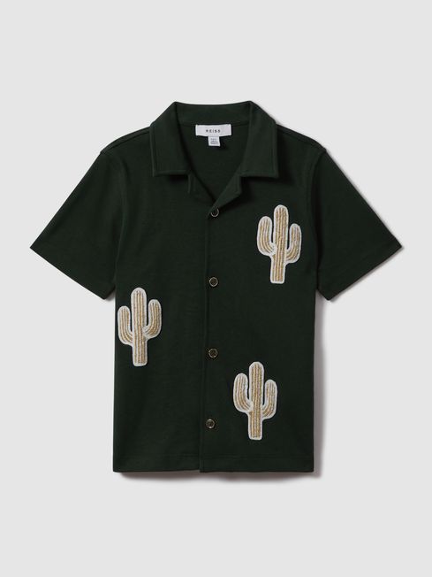 Reiss Dark Green Stan Cotton Cactus Patch Cuban Collar Shirt